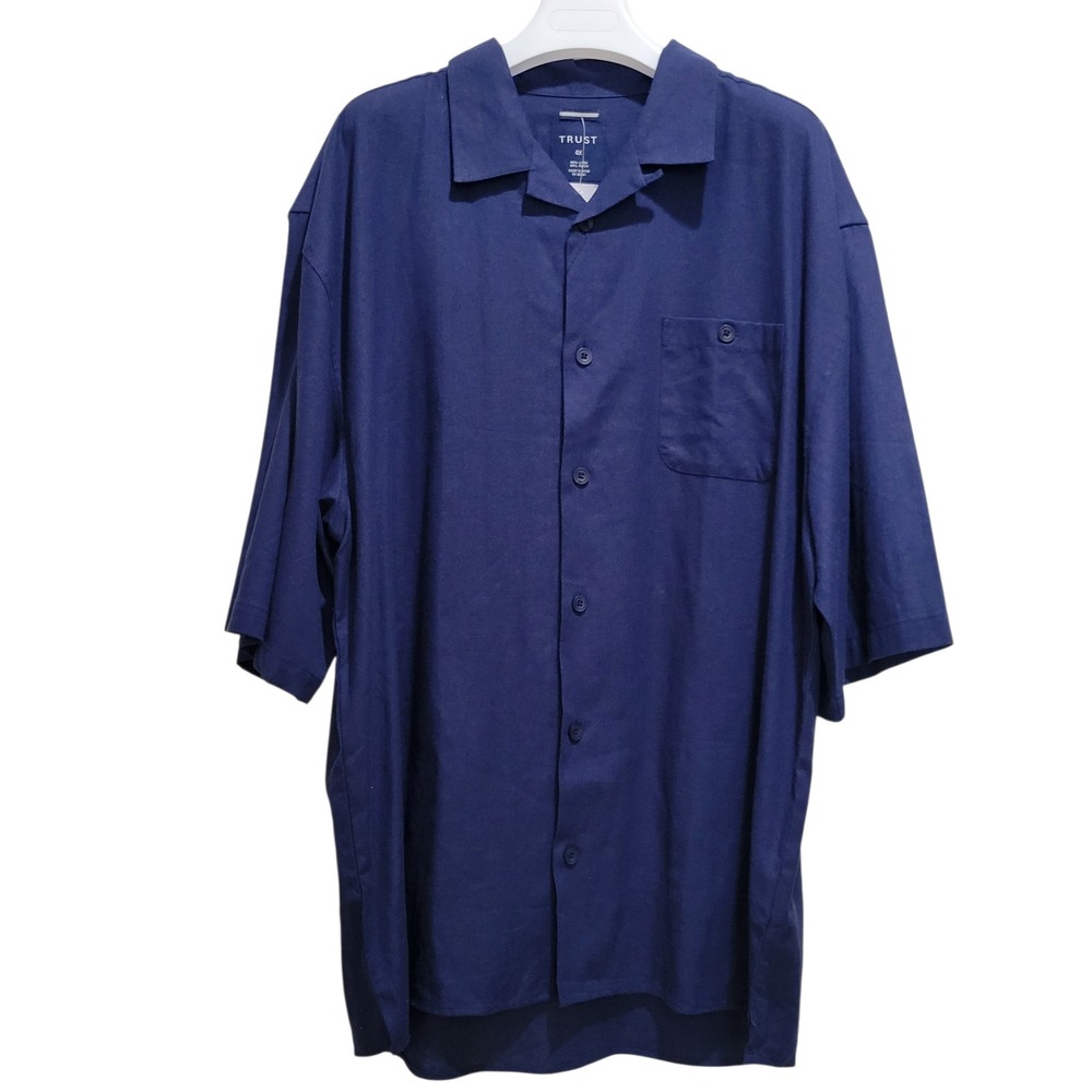 Trust Men's 4X Navy Blue Linen Rayon Blend Camp Shirt Button Up Short Sleeve NWT